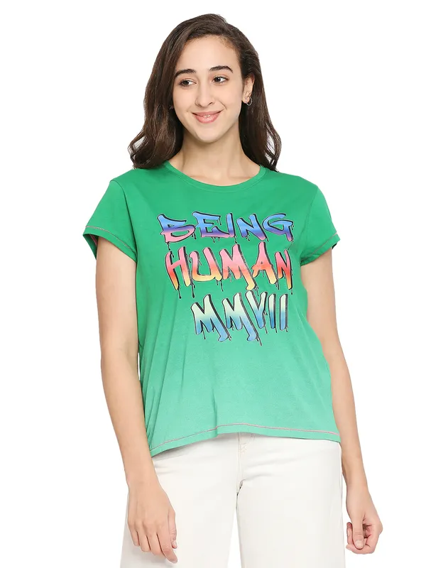 Being Human Easy Fit  Women Crew Neck T-Shirts-Jolly Green