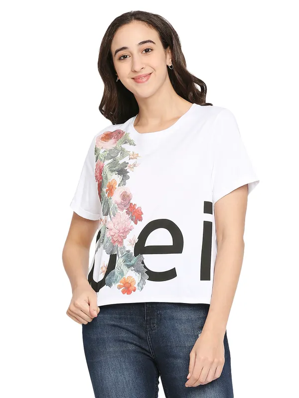 Being Human Boxy Crop Fit  Women Crew Neck T-Shirts-White
