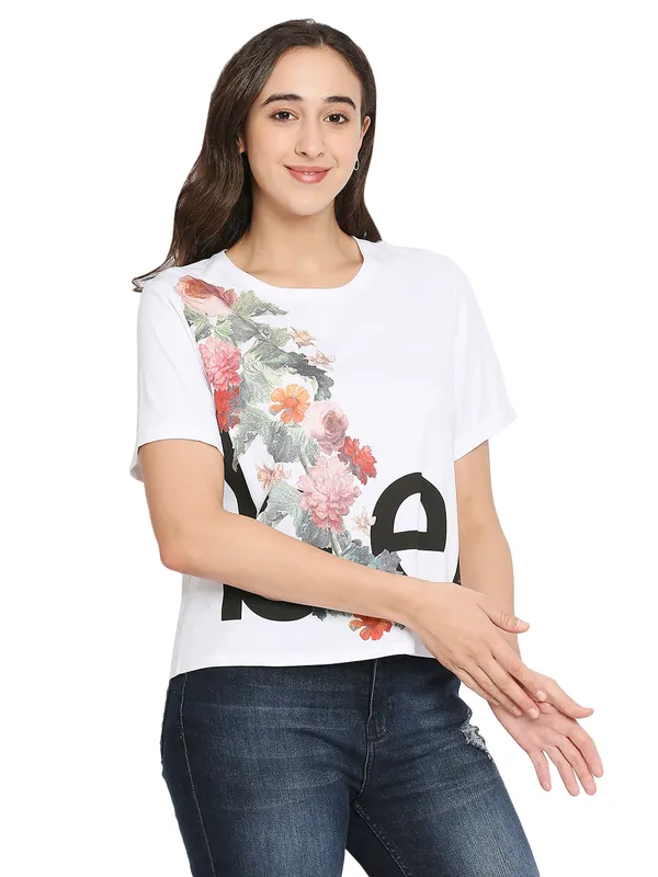 Being Human Boxy Crop Fit  Women Crew Neck T-Shirts-White