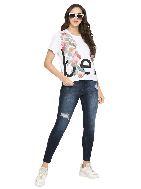 Being Human Boxy Crop Fit  Women Crew Neck T-Shirts-White