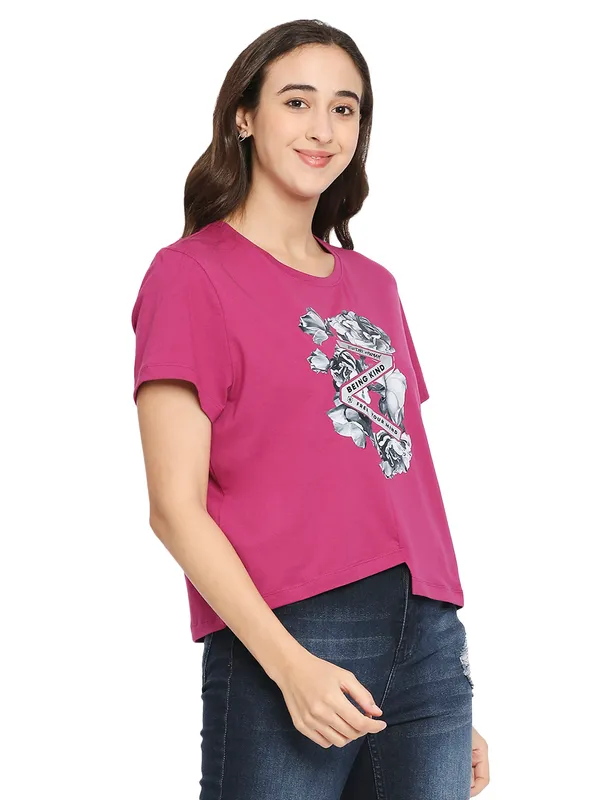 Being Human Clothing  Women Boxy Crop Fit Crew Neck T-Shirts-Fuchsia