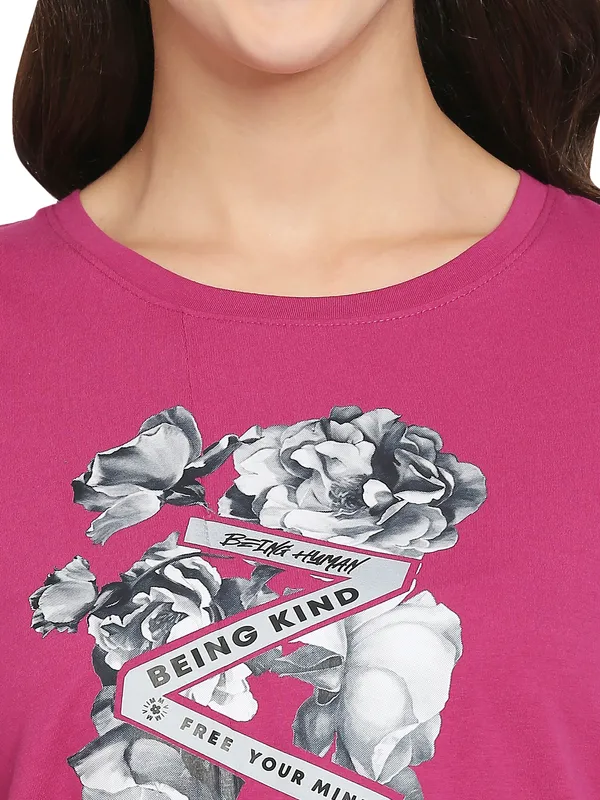 Being Human Clothing  Women Boxy Crop Fit Crew Neck T-Shirts-Fuchsia