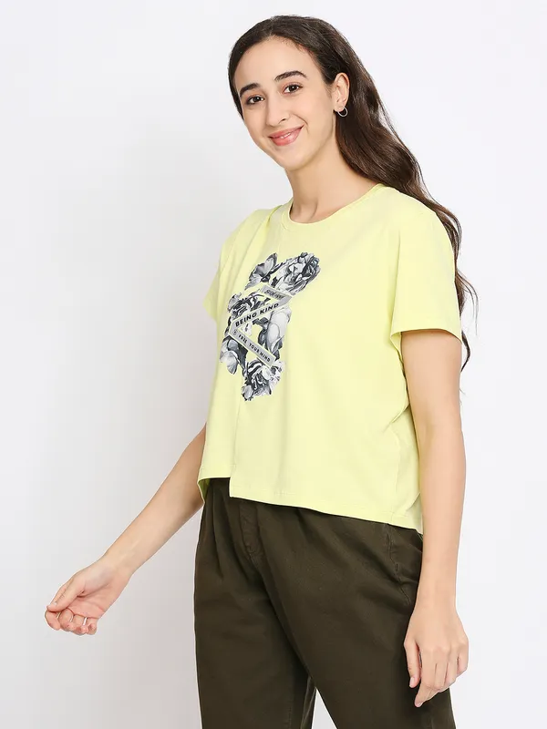 Being Human Clothing Women Boxy Crop Fit Crew Neck T-Shirts-Wax Yellow