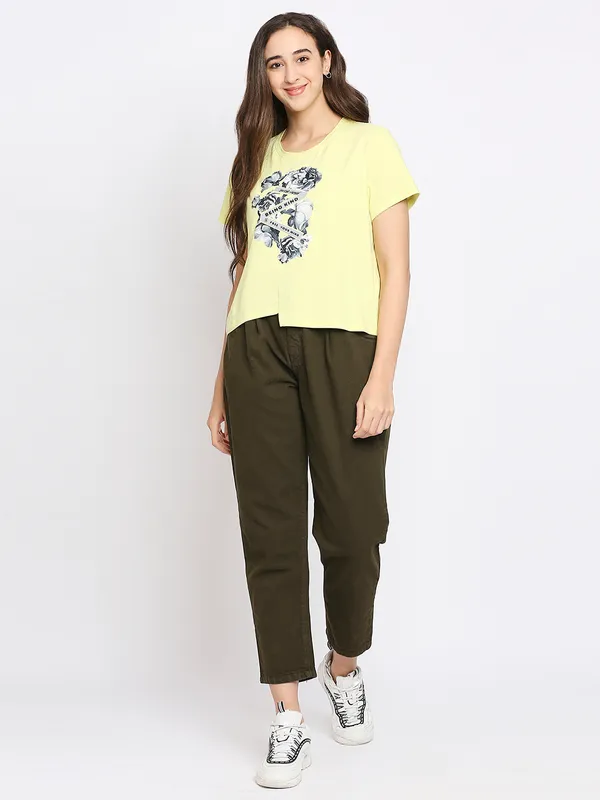 Being Human Clothing Women Boxy Crop Fit Crew Neck T-Shirts-Wax Yellow