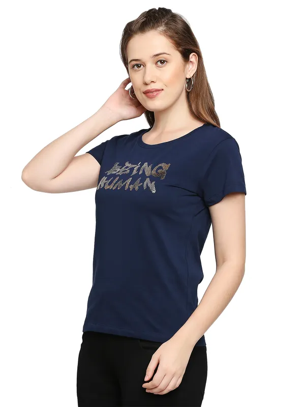 Being Human Easy Fit  Women Crew Neck T-Shirts-Midnight Navy