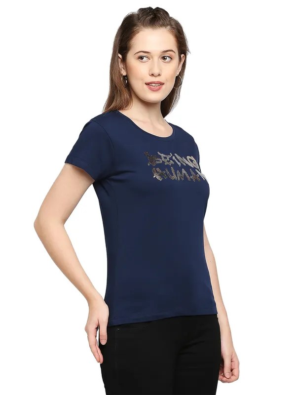 Being Human Easy Fit  Women Crew Neck T-Shirts-Midnight Navy