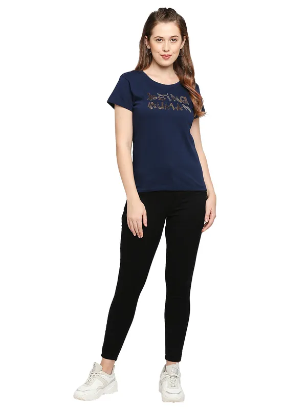 Being Human Easy Fit  Women Crew Neck T-Shirts-Midnight Navy