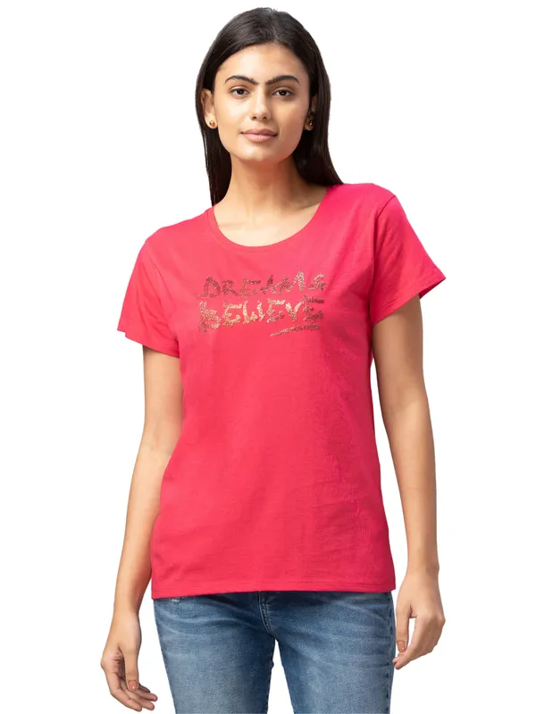 Being Human Easy Fit  Women Crew Neck T-Shirts-Raspberry Wine