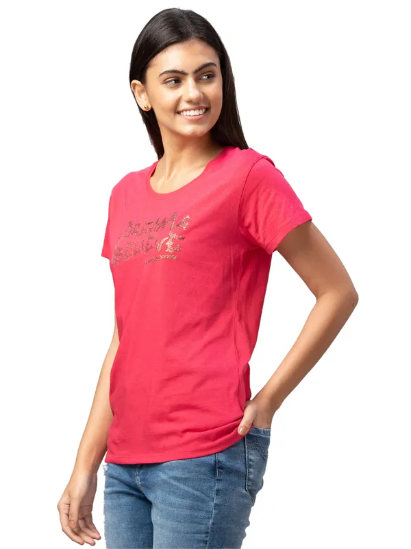 Being Human Easy Fit  Women Crew Neck T-Shirts-Raspberry Wine