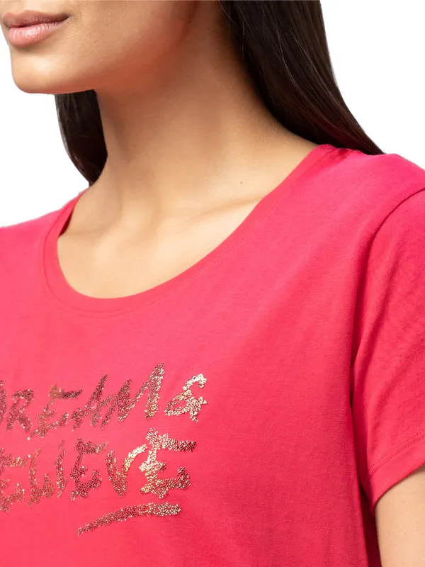 Being Human Easy Fit  Women Crew Neck T-Shirts-Raspberry Wine
