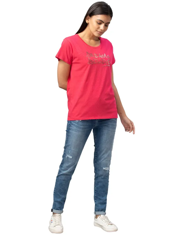 Being Human Easy Fit  Women Crew Neck T-Shirts-Raspberry Wine