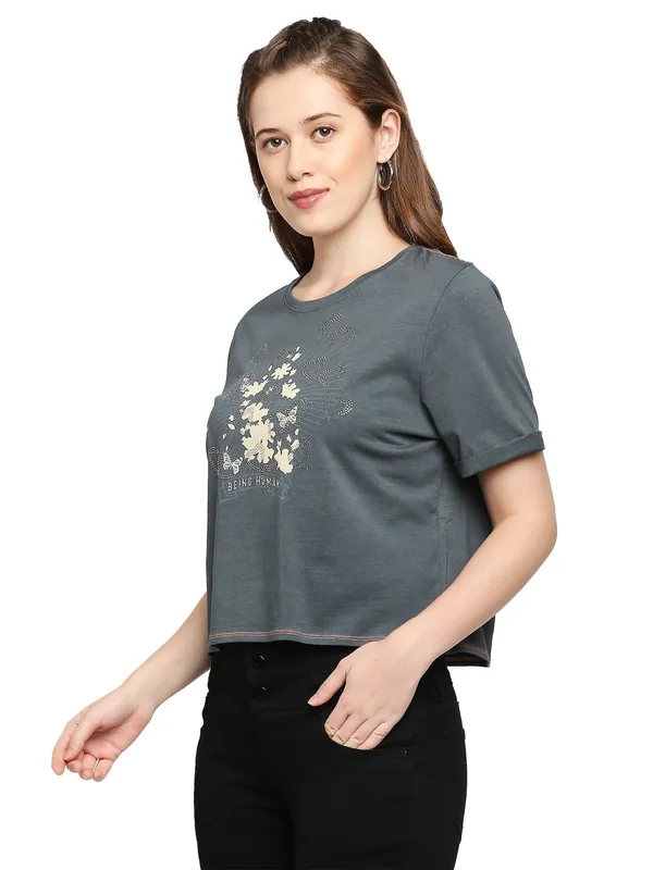 Being Human Boxy Fit  Women Crew Neck T-Shirts-Charcoal