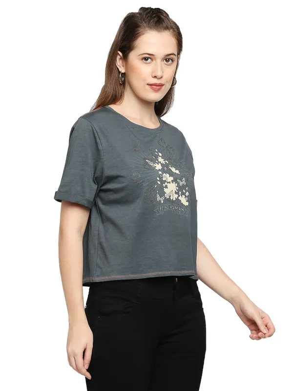 Being Human Boxy Fit  Women Crew Neck T-Shirts-Charcoal