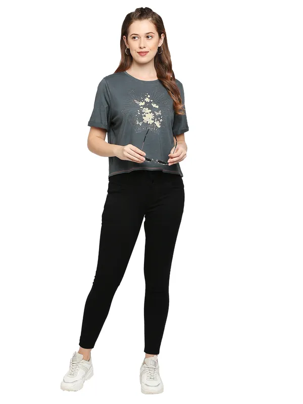 Being Human Boxy Fit  Women Crew Neck T-Shirts-Charcoal