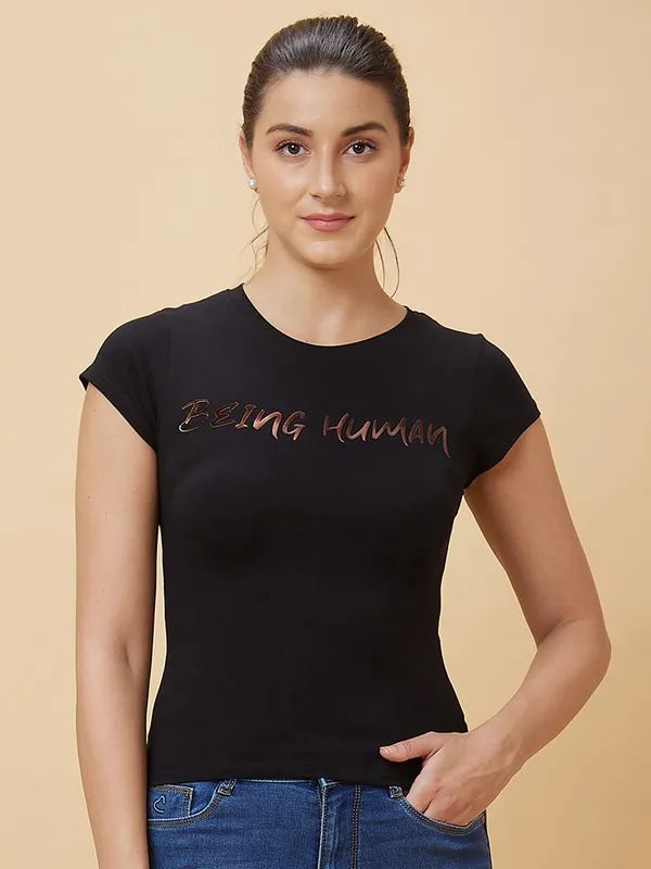 Being Human Women Slim Crop Fit Crew Neck T-Shirts Jet Black