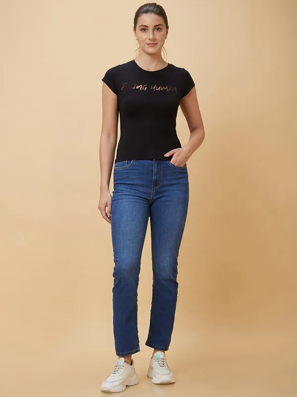 Being Human Women Slim Crop Fit Crew Neck T-Shirts Jet Black