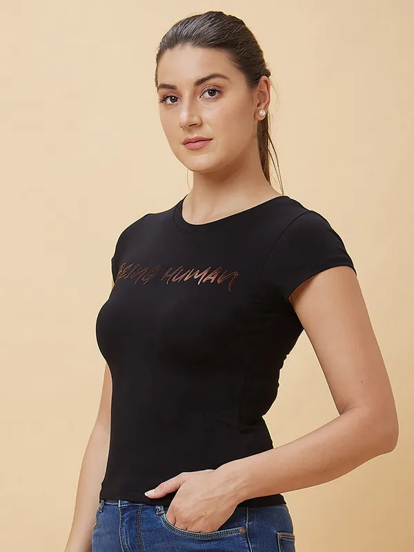 Being Human Women Slim Crop Fit T-Shirts Crew Neck Jet Black