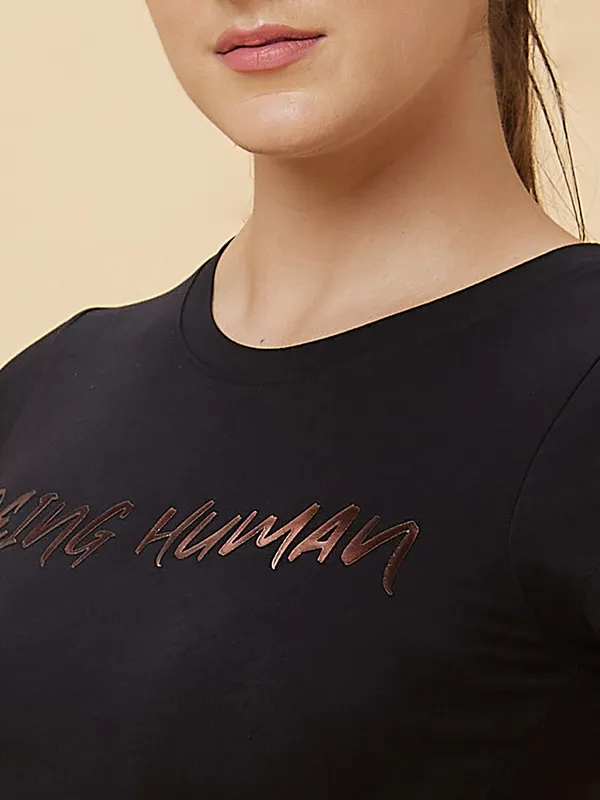 Being Human Women Slim Crop Fit Crew Neck T-Shirts Jet Black