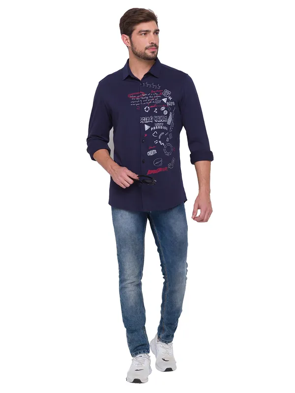 Being Human Slim Fit Men Collared Shirts-Navy