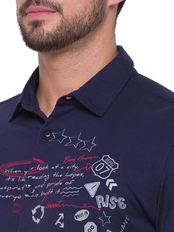 Being Human Slim Fit Men Collared Shirts-Navy