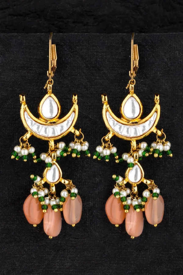 Coral & Green Half Moon Kundan Earrings