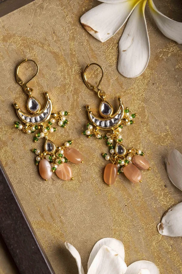 Coral & Green Half Moon Kundan Earrings