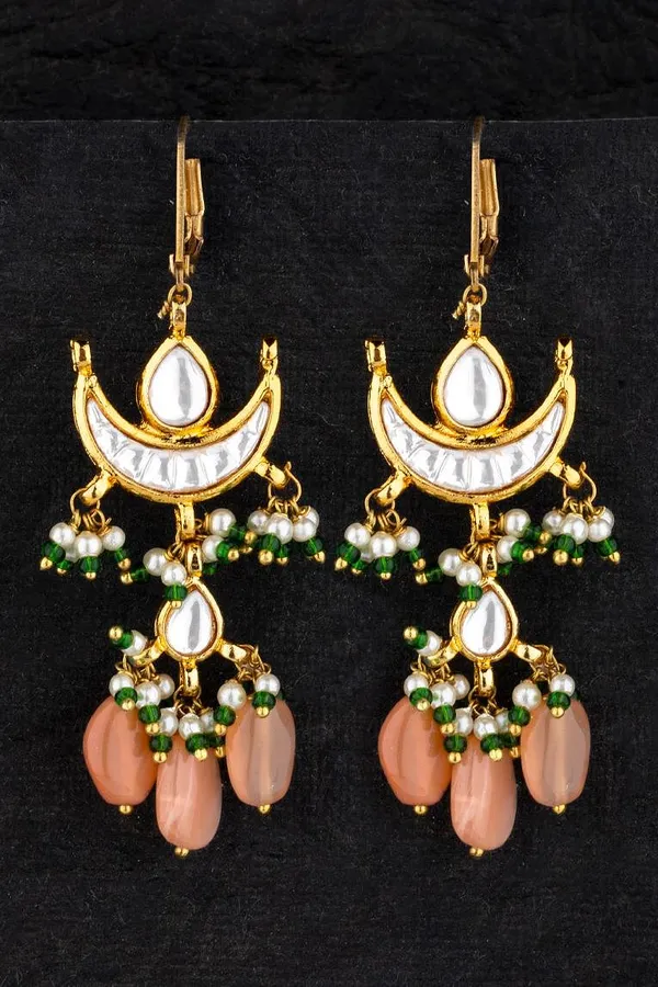 Coral & Green Half Moon Kundan Earrings