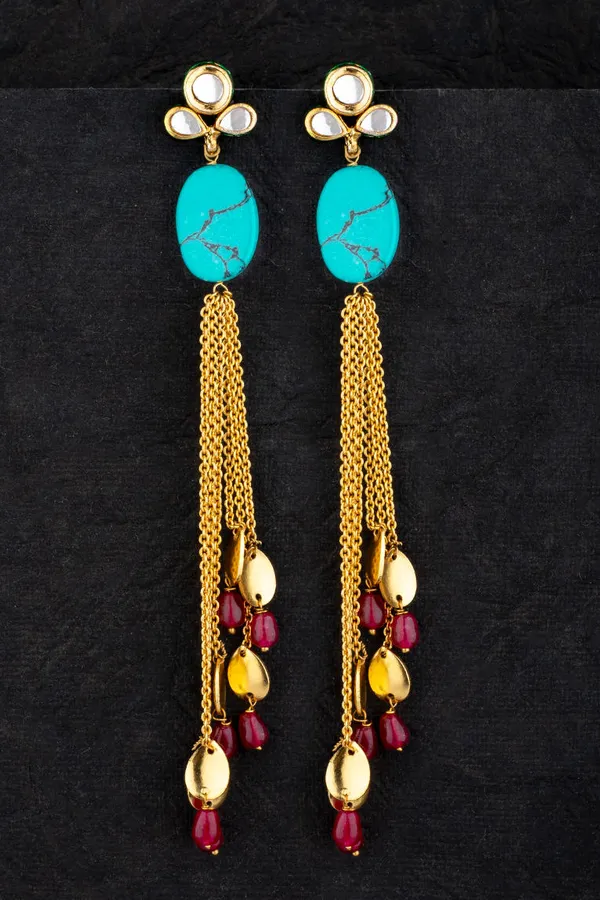 Turquoise with Red Jade Drop Gold Chain Earrings