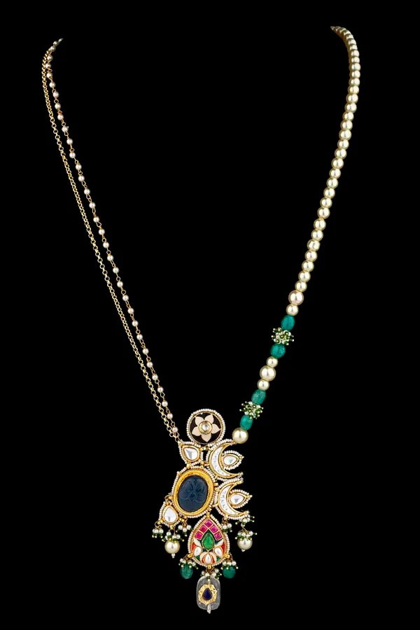 Red Meenakari With Pearls Asymetric Kundan Necklace