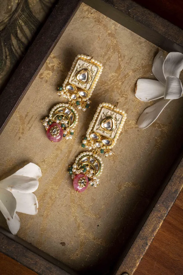 Grey Meena Chand Pink Drop Earrings