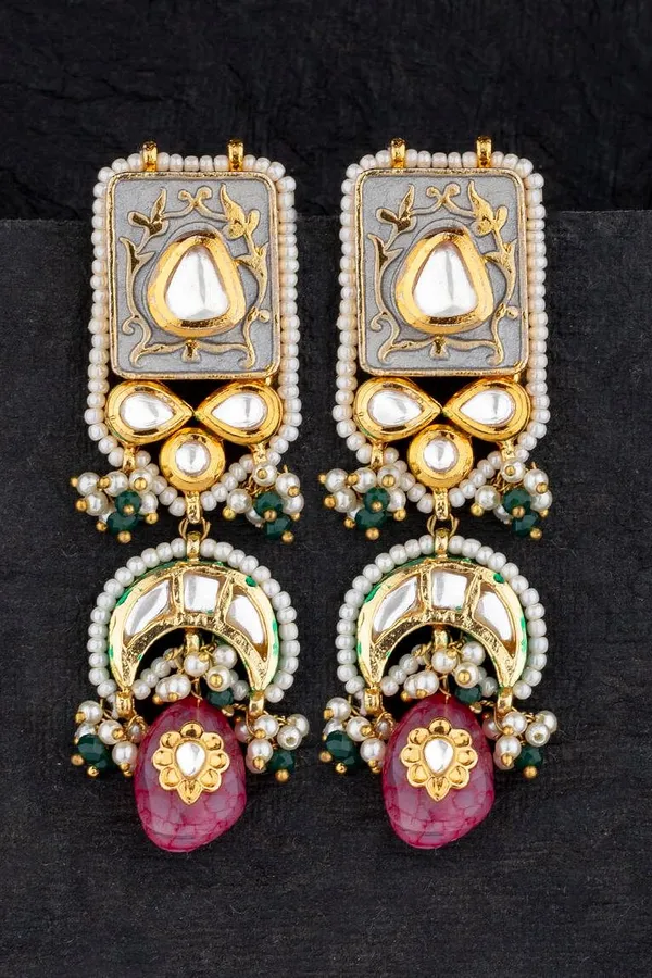 Grey Meena Chand Pink Drop Earrings