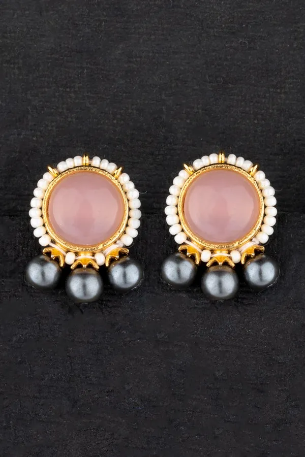 Rose Quartz with Grey Pearls Stud Earrings