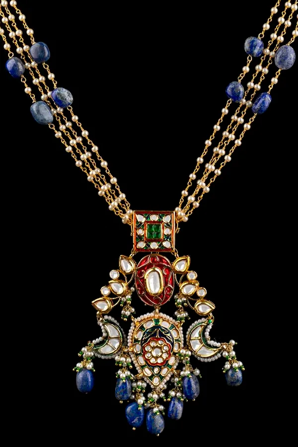 Red Enamel with Lapis Drop Kundan Necklace