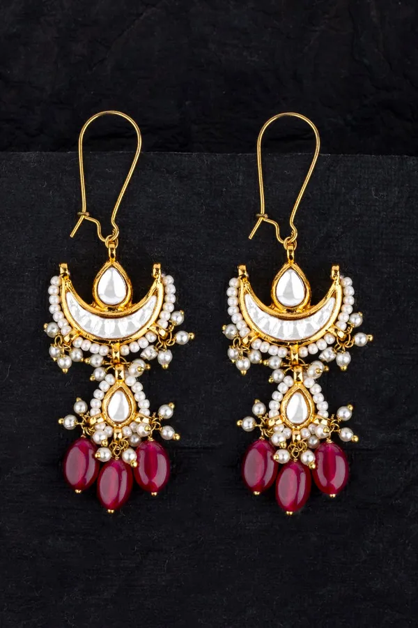 Ruby Pearls Half Moon Kundan Earrings