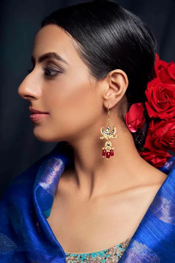 Ruby Pearls Half Moon Kundan Earrings