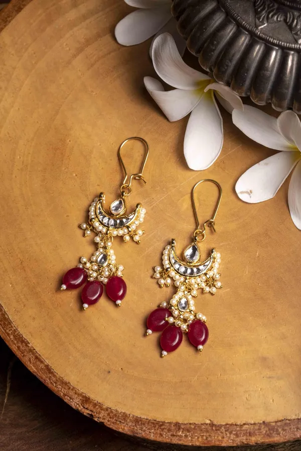 Ruby Pearls Half Moon Kundan Earrings