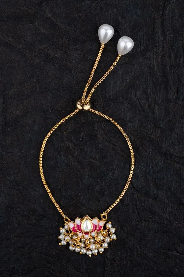 Pink & White Lotus with Pearls Gold Chain Bracelet