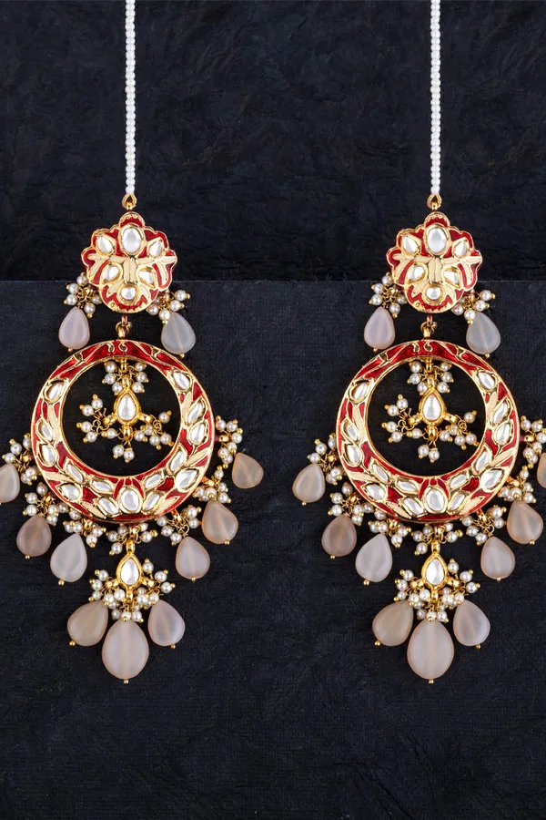 Red Meenakari with Pink Drops Kundan Chandbali Earrings