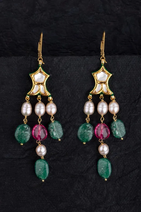 Emeralds Tourmaline Pearl Drop Fish Earrings