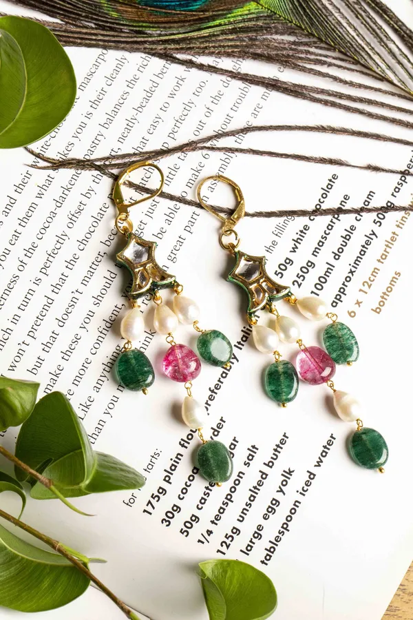 Emeralds Tourmaline Pearl Drop Fish Earrings