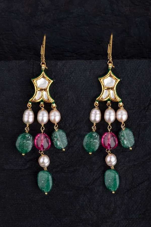 Emeralds Tourmaline Pearl Drop Fish Earrings