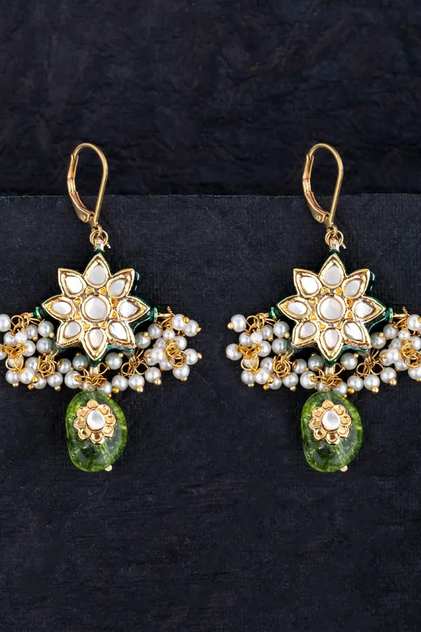 Olive Green Floral Pearl Earrings