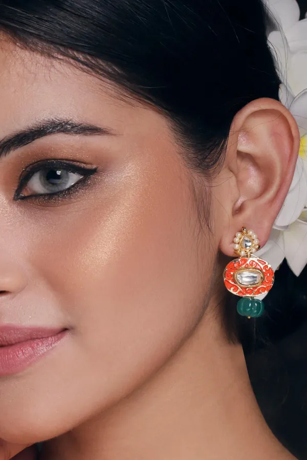 Orange Meenakari Green Drop Earrings