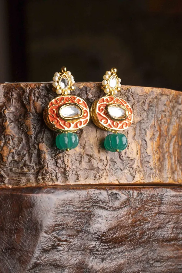 Orange Meenakari Green Drop Earrings