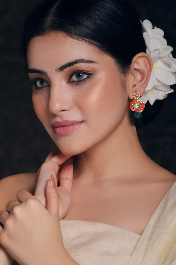 Orange Meenakari Green Drop Earrings
