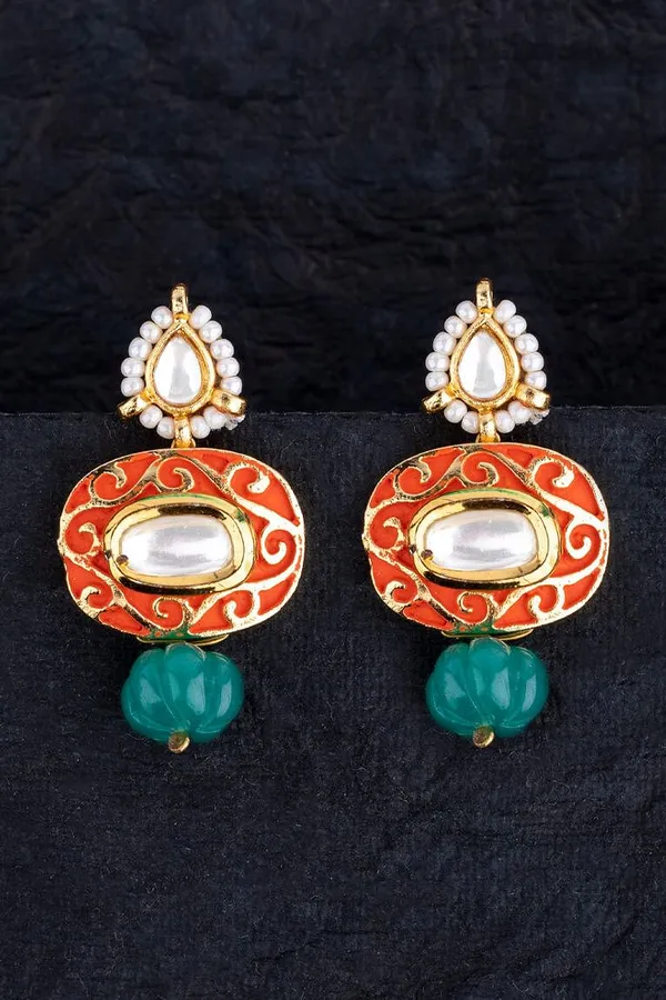 Orange Meenakari Green Drop Earrings