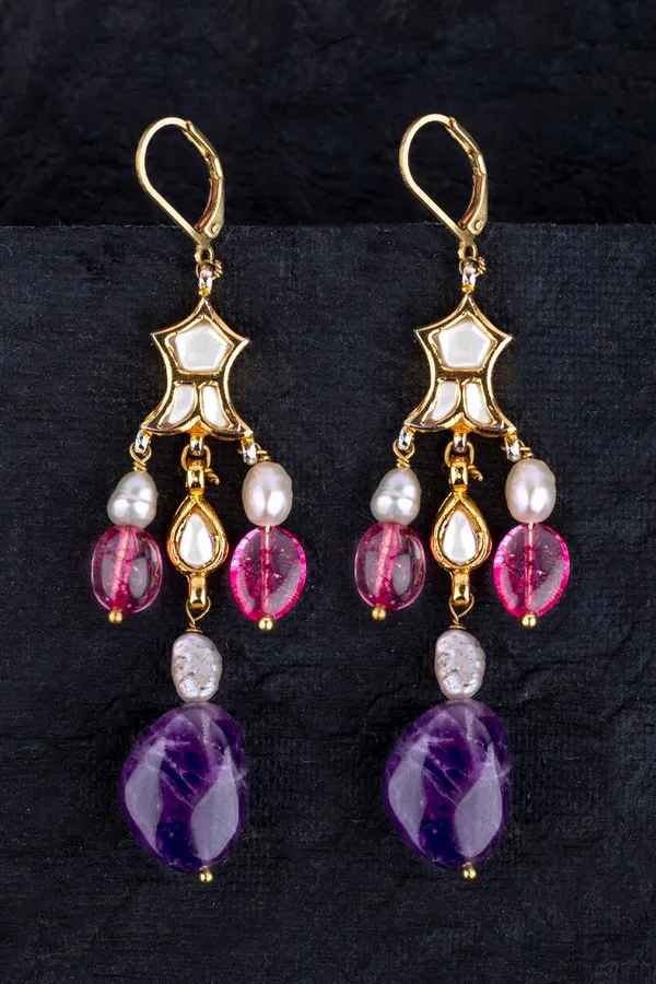 Pink Amethyst Drop Kundan Earrings