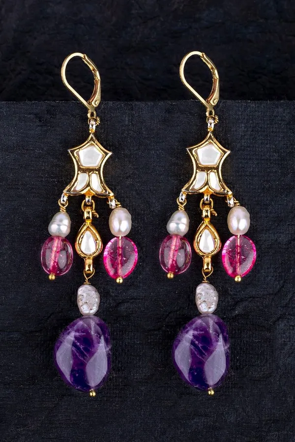 Pink Amethyst Drop Kundan Earrings