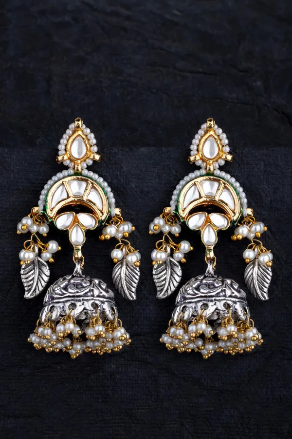 Gold and Silver Leaf Jhumki Earrings