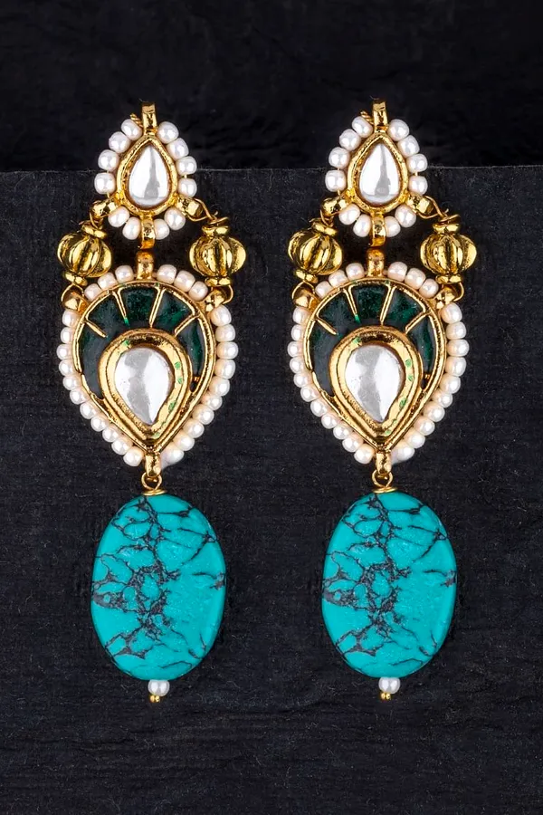 Green Kundan Turquoise Drop Earrings